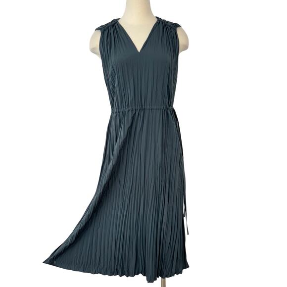 Vince Pleated Satin Cinch Waist Resort Midi Dress Tide Pool S NWOT